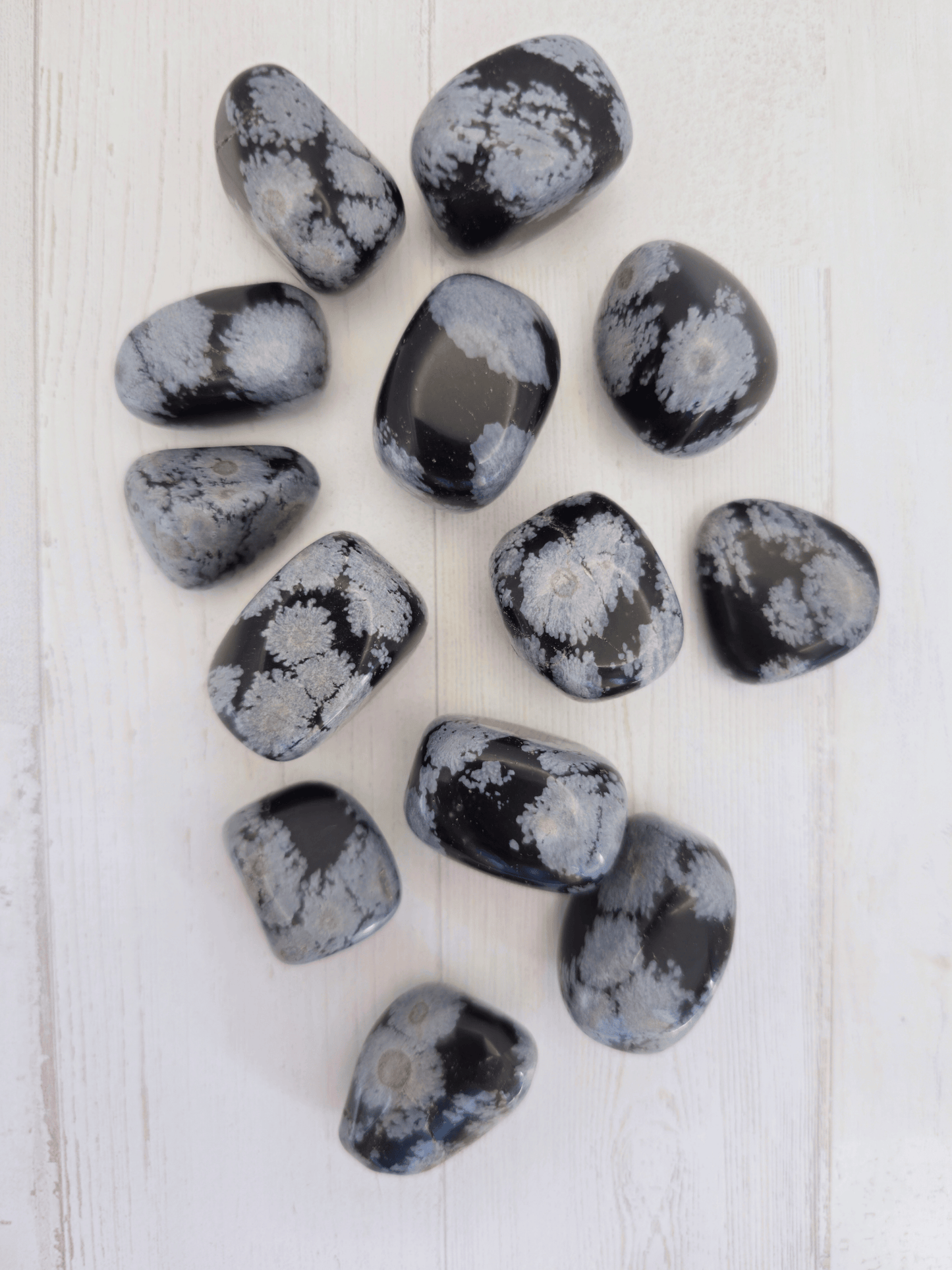 Rodado de obsidiana nevada 2–4 cm pulido con copos grises