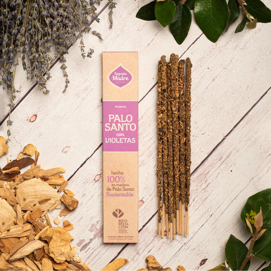 Sahumerio de Palo Santo con Violetas, 8 varillas gruesas, duración extra, hechos a mano.