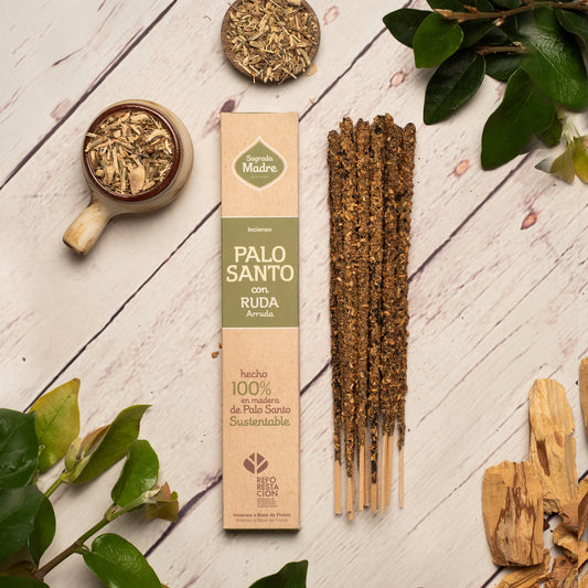 Sahumerio de Palo Santo con Ruda, hecho a mano, 8 varillas gruesas, duración extra, ingredientes naturales.