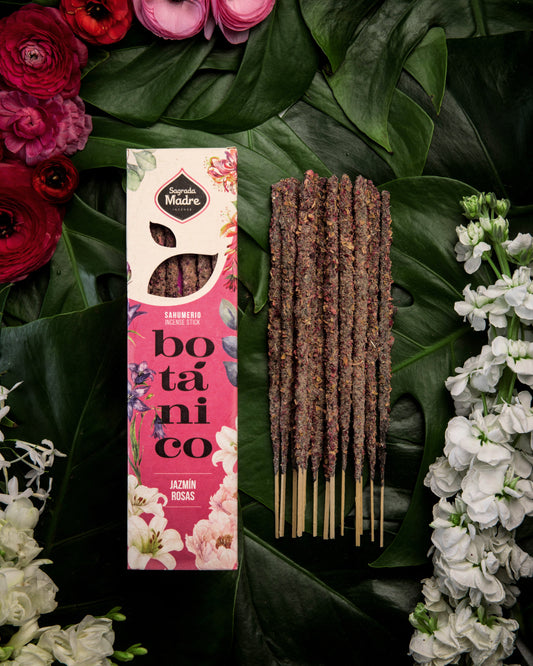 Sahumerio Botánico Jazmín y Rosas, incienso artesanal hecho a mano con flores de jazmín y pétalos de rosa, 6 varillas gruesas de larga duración.