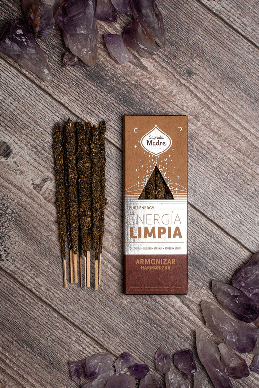 Sahumerio Energía Limpia artesanal, varillas extra gruesas, ingredientes naturales.