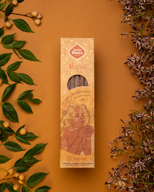 Sahumerio 5 Elementos Aire Alegría, incienso artesanal con 6 varillas gruesas de larga duración, hecho a mano con aceite concentrado del Árbol del Paraíso, en caja decorativa.