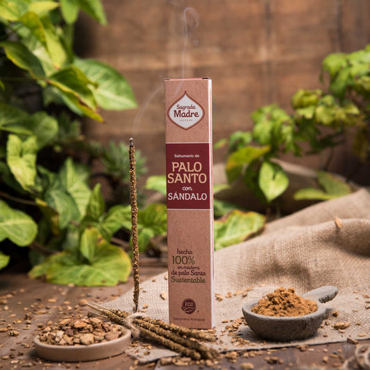 Handmade Palo Santo incense sticks with sandalwood, featuring eight long-lasting sticks per box.