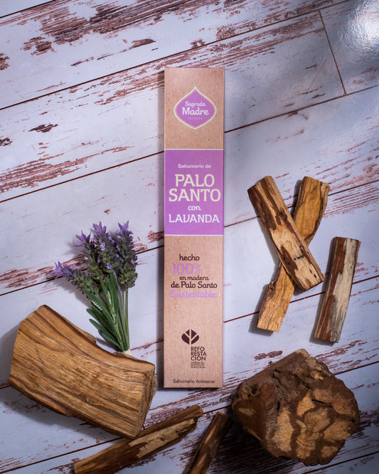 Sahumerio de Palo Santo con Lavanda, handmade incense sticks with lavender flowers, essential oil, and Palo Santo wood.