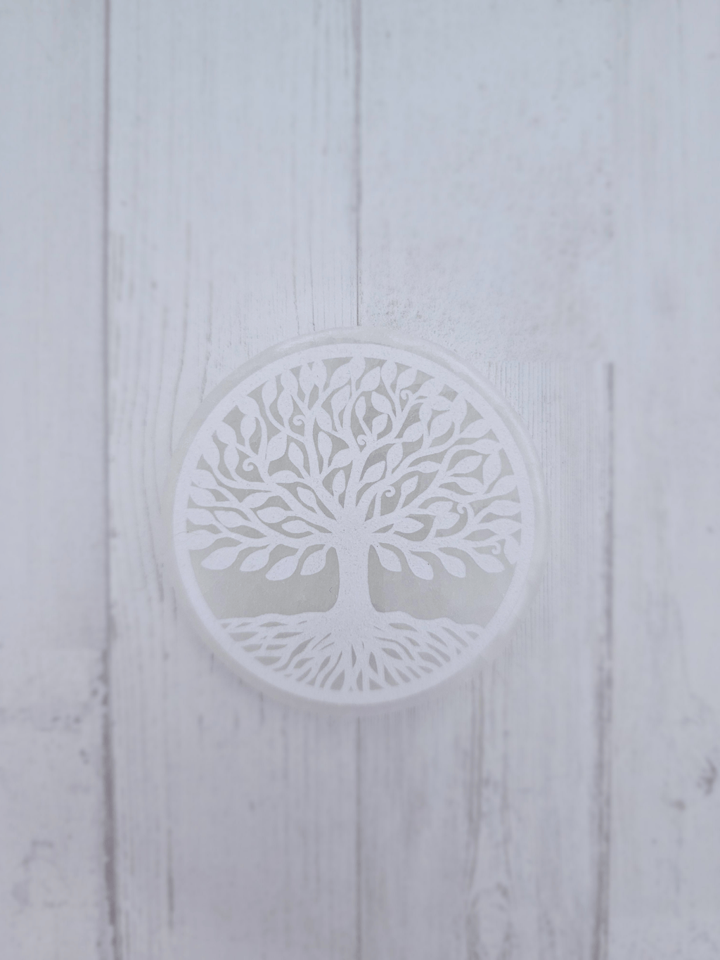 Placa de selenita tallada con el símbolo Árbol de la Vida, medida 80 × 15 mm. Ideal para armonizar energías y acompañar espacios espirituales.