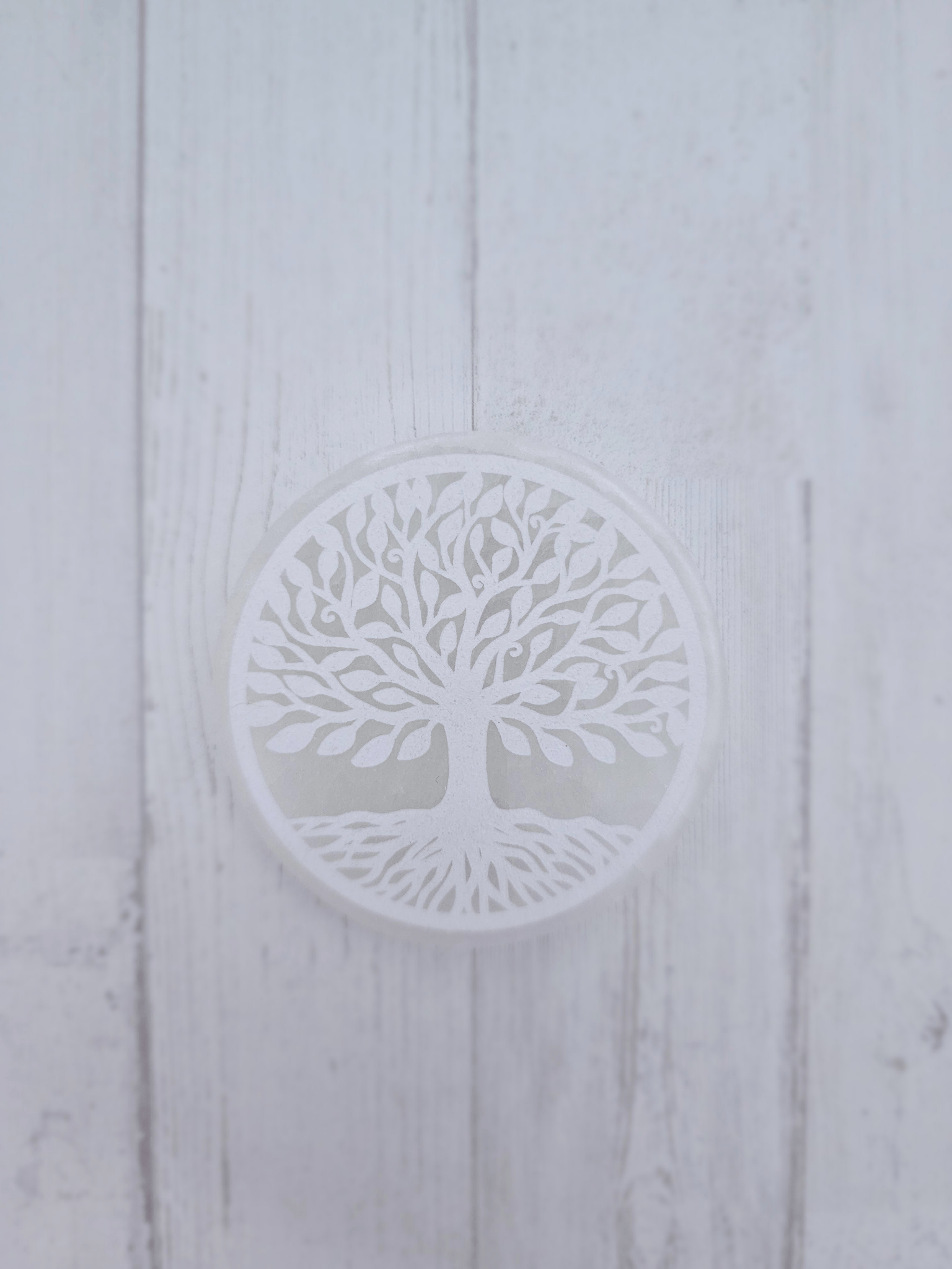 Placa de selenita tallada con el símbolo Árbol de la Vida, medida 80 × 15 mm. Ideal para armonizar energías y acompañar espacios espirituales.
