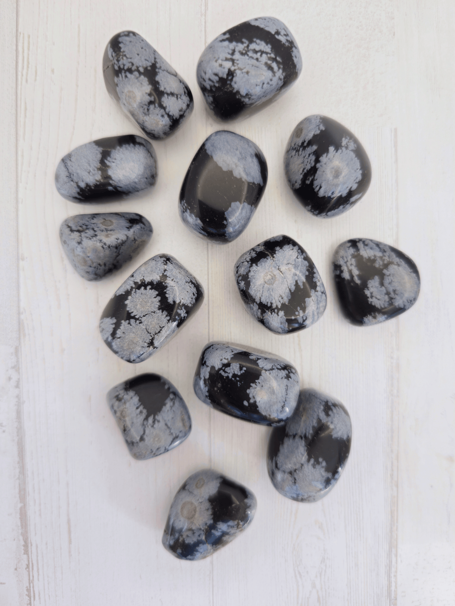 Rodado de obsidiana nevada 2–4 cm pulido con copos grises